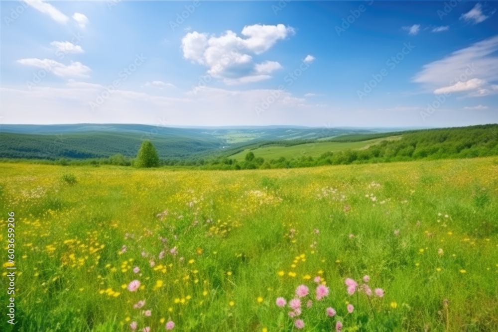 Beautiful natural spring summer landscape of a flowering meadow in a hilly area on a bright sunny day. Many flowers in a field in green grass. Small zone of sharpness Beautiful natural spring summer landscape of a flowering meadow in a hilly area on a bright sunny day. Many flowers in a field in green grass. Small zone of sharpness