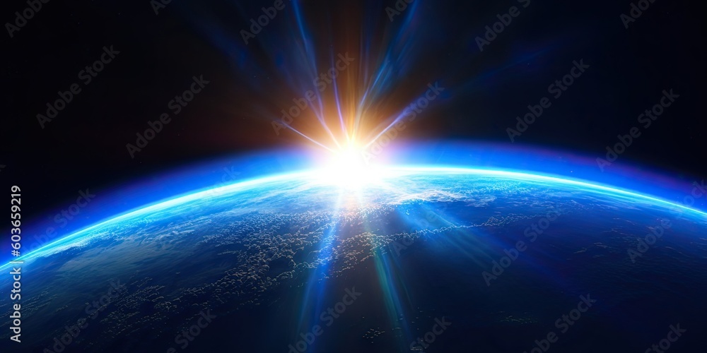 Blue Earth Sunlight in Space. Global Perspective. Generative AI illustrations. Blue Earth Sunlight in Space. Global Perspective. Generative AI illustrations.