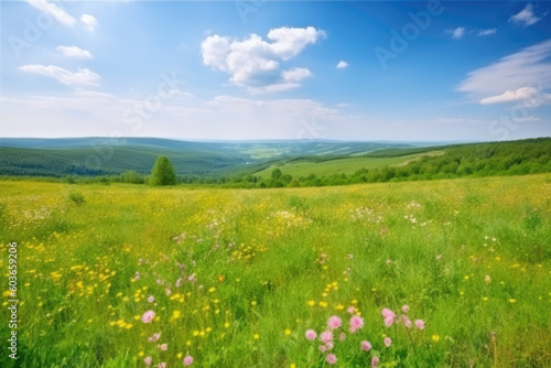 Beautiful natural spring summer landscape of a flowering meadow in a hilly area on a bright sunny day. Many flowers in a field in green grass. Small zone of sharpness