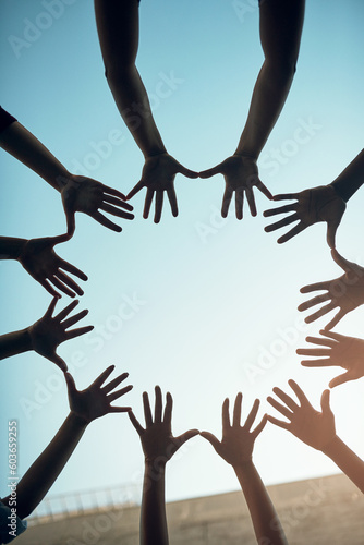 Group, circle and teamwork with open hands of people for support, community and help with bottom view. Collaboration, trust and motivation with closeup of friends for mockup, solidarity and faith