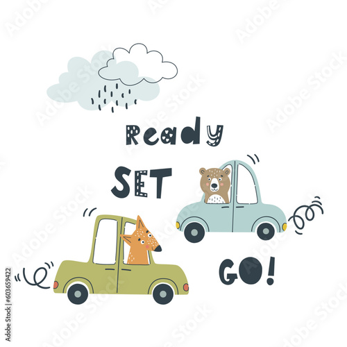 Hand-drawn various animals in cars. Vector illustration. Cartoon style. All elements are isolated. Ideal for sticker printing