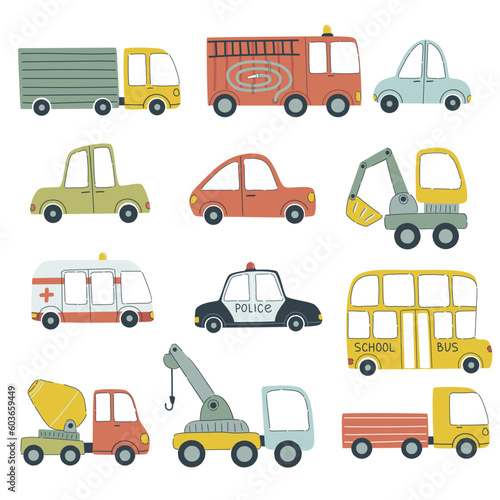 Poster with hand drawn cars. Can be used for children's textiles, poster printing in the boy's nursery.
