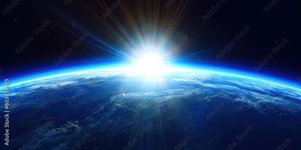Blue Earth Sunlight in Space. Global Perspective. Generative AI illustrations.
