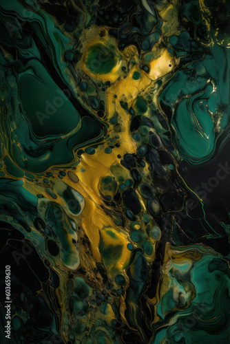 Abstract vertical background in fluid art style. Green and gold acrylic paint. AI generative.