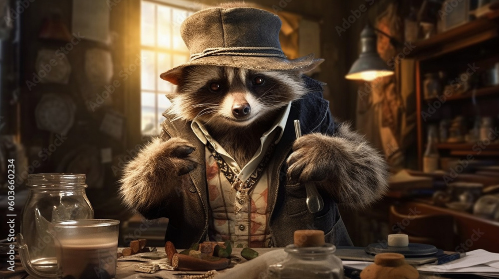Fototapeta premium A generative AI illustration of a crazy raccoon disguised as a detective working criminal cases