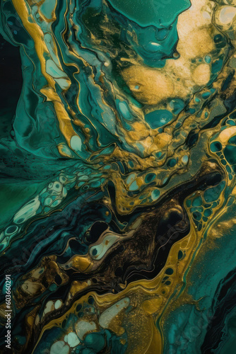 Abstract vertical background in fluid art style. Green and gold colors. AI generative.