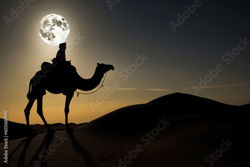 Stunning tuareg riding a camel in desert at night with super moon in background. Generative Ai photo