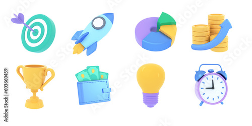 3D bundle of commercial or business icons. Achieving goals, saving money, ecomony, managing financial income, investment, trading market concept. 3d render illustration.