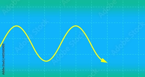 Sinusoid drawing with arrow seamless loop white on blue grid. Cartoon animation physics mathematics science. Scientific drawing animated sinusoida  sine wave.
 photo