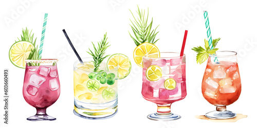 Set of cocktails, summer drinks watercolor clipart. Vector. Refreshing beverage glasses with ice mint and straw