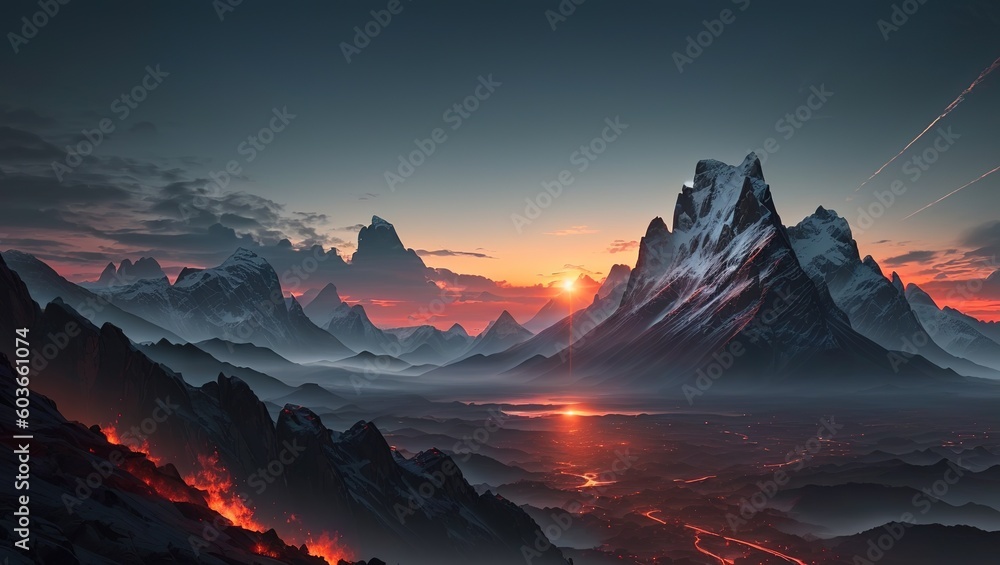 Fantasy planet. Mountain and lake. 3D illustration.