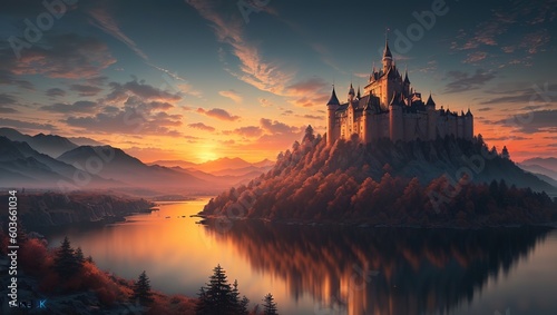 Magic foggy castle on the lake at sunrise. 3D rendering