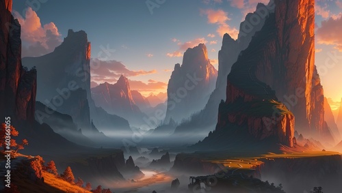 Fantasy landscape with mountains and fog. 3D illustration. digital drawing.