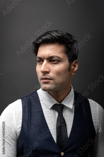 Studio shot of cheerful, young, handsome Indian male model in formal wear wearing white shirt, black tie, black coat against grey background. Male model. Fashion Portrait.