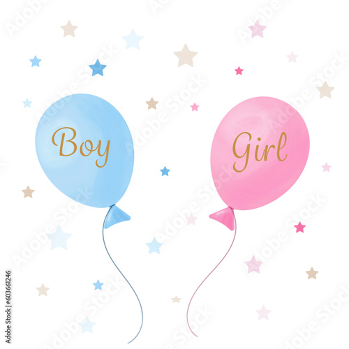 Gender reveal banner with blue and pink balloons. Boy or girl. Vector illustration