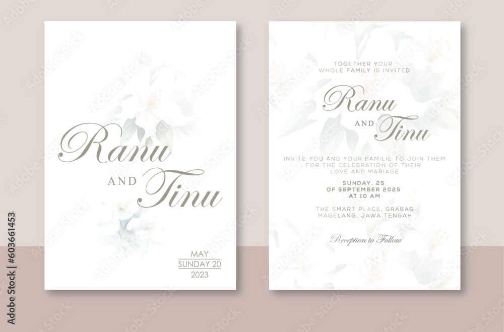 Luxury wedding invitation card template design. Beautiful watercolor florals and leaves wedding invitation card. Premium vector design