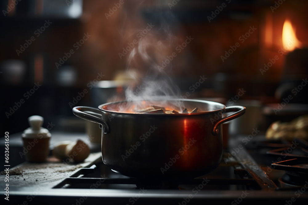 A blurred kitchen background with a pot simmering on the stove, emitting fragrant aromas Generative AI A blurred kitchen background with a pot simmering on the stove, emitting fragrant aromas Generative AI