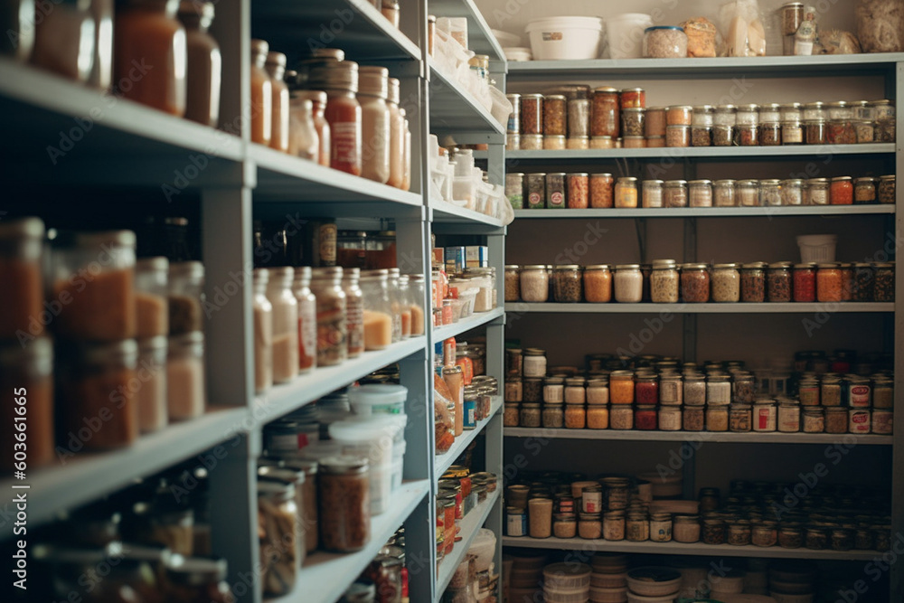 Blurred shelves stocked with neatly arranged canned goods and food containers in a pantry Generative AI
