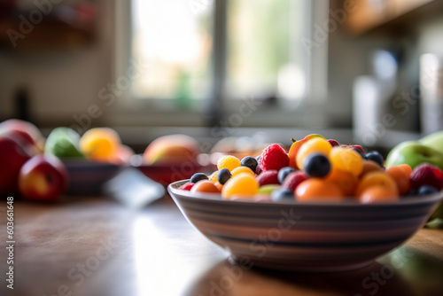 Blurred kitchen countertops with colorful fruits and vegetables arranged in a bowl Generative AI