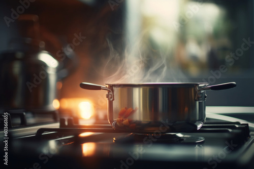 A blurred kitchen background with a pot simmering on the stove, emitting fragrant aromas Generative AI