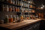 Blurred kitchen cabinets with neatly organized jars of spices and herbs Generative AI