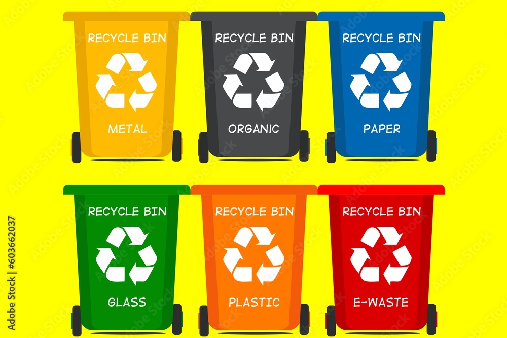 Different colored recycle waste bins vector illustration, Waste types segregation recycling