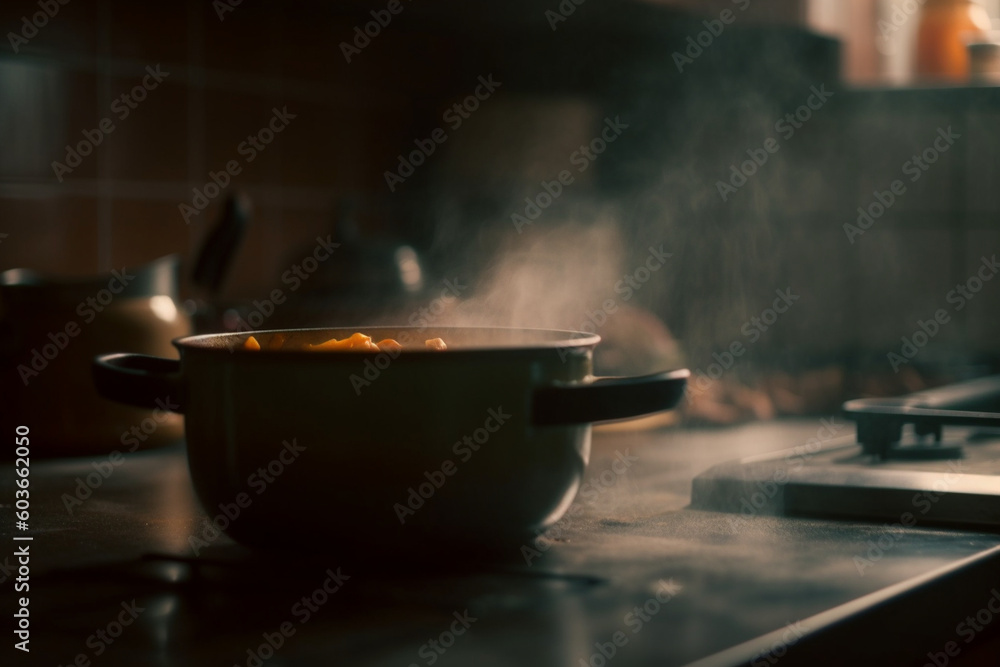 A blurred kitchen background with a pot of homemade soup simmering on the stove Generative AI A blurred kitchen background with a pot of homemade soup simmering on the stove Generative AI