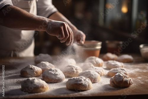 A blurred view of a baker dusting powdered sugar onto pastries in the background Generative AI