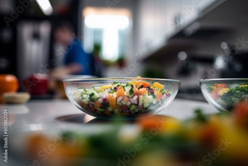 Blurred kitchen countertops with a bowl of colorful salad ingredients ready for assembly Generative AI