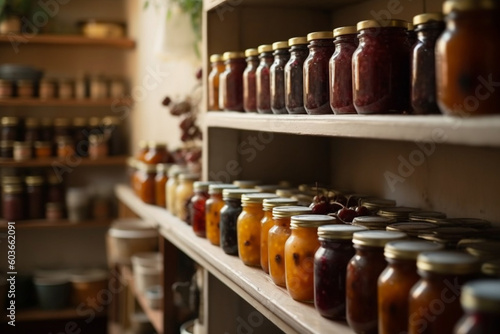 Blurred shelves filled with jars of homemade jams and preserves in a pantry Generative AI photo