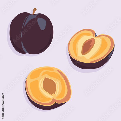 Whole plum and its half slices with peel. Vector fruit icons.