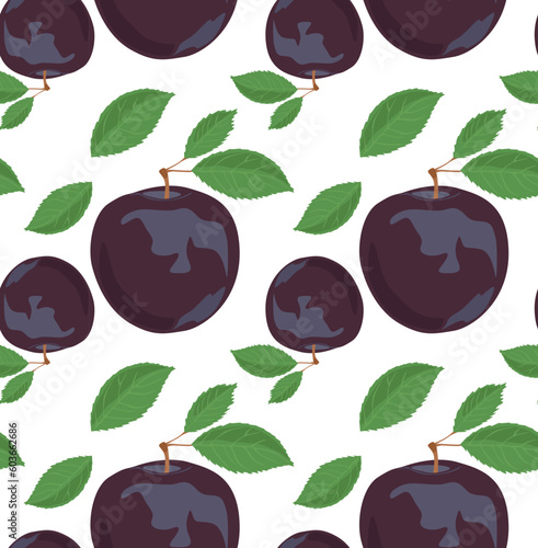 Plums with leaves. Seamless pattern in vector. Suitable for backgrounds and prints.