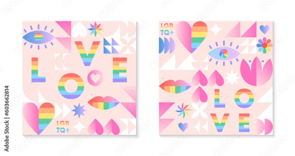 Pride month pattern templates.LGBTQ+ community vector illustrations in bauhaus style with geometric elements and rainbow lgbt symbols.Human rights movement concept.Gay parade.Colorful cover designs. Pride month pattern templates.LGBTQ+ community vector illustrations in bauhaus style with geometric elements and rainbow lgbt symbols.Human rights movement concept.Gay parade.Colorful cover designs.