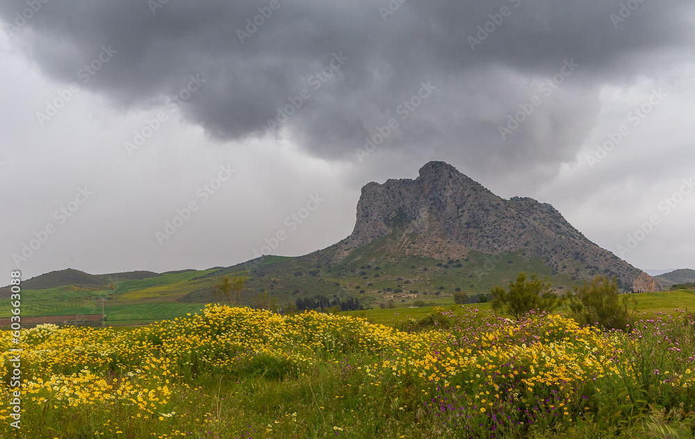 Obraz premium Peña de los enamorados en Antequera, Málaga, bajo nubes tormentosas