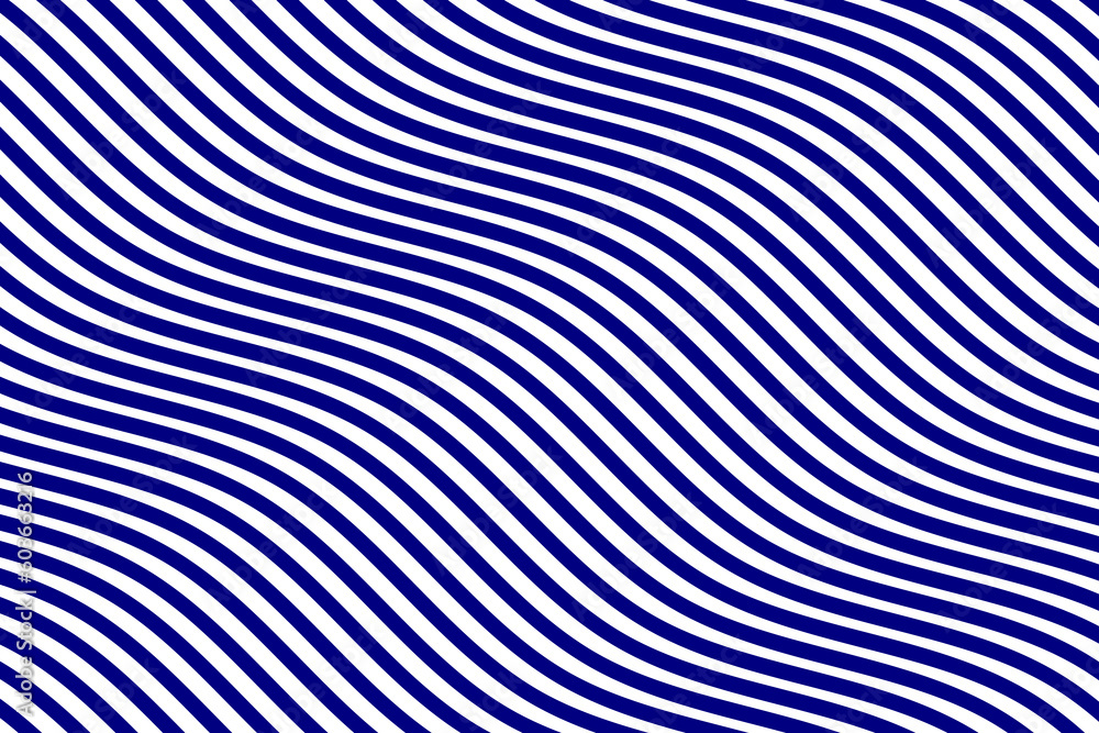 Navy blue and white water wave stripes fabric pattern background vector. Abstract liquid wavy lines pattern. Diagonal optical illusion curve strips. Wall and floor ceramic tiles pattern.