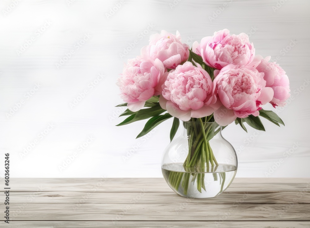 Vase with beautiful peony flowers on table created with Generative AI technology