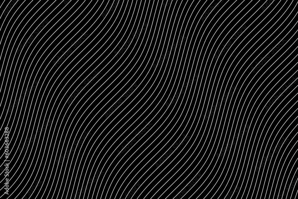 White water wave lines fabric pattern on black background vector. Abstract liquid wavy stripes pattern. Diagonal optical illusion curve strips. Wall and floor ceramic tiles pattern.