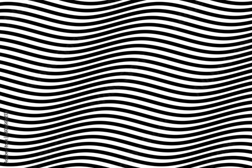Black and white water wave stripes fabric pattern background vector. Abstract liquid wavy lines pattern. Horizontal optical illusion curve strips. Wall and floor ceramic tiles pattern.
