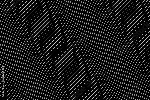 White water wave lines fabric pattern on black background vector. Abstract liquid wavy stripes pattern. Diagonal optical illusion curve strips. Wall and floor ceramic tiles pattern.