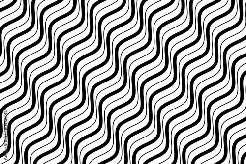 Black sea wave lines fabric pattern on white background vector. Abstract liquid wavy stripes pattern. Diagonal optical illusion curve strips. Wall and floor ceramic tiles pattern.