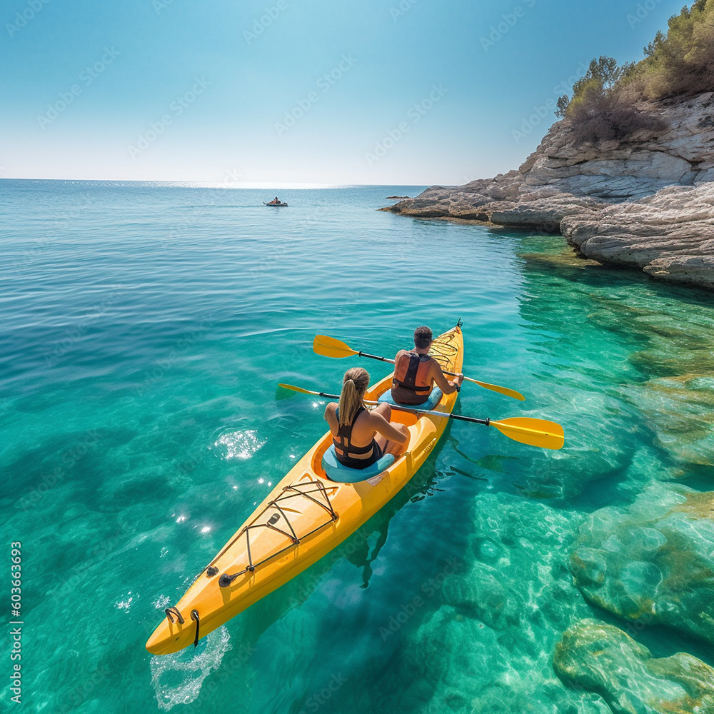 Fototapeta premium Couple kayaking in blue sea in vacations