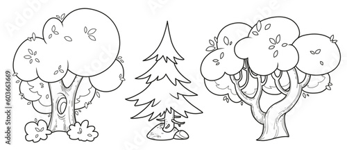 Three big old tree two deciduous and one spruce linear drawing for coloring isolated on white background