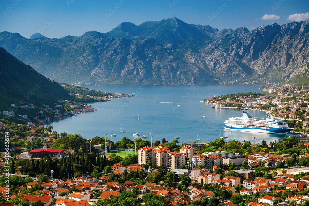 Montenegro's Kotor town and Kotor bay with big cruise ship from an aerial viewpoint