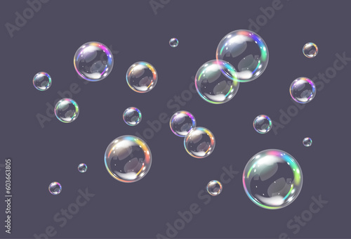 Group of different soap bubbles  with rainbow reflection on dark background. Colorful element, clip art illustration. Vector 