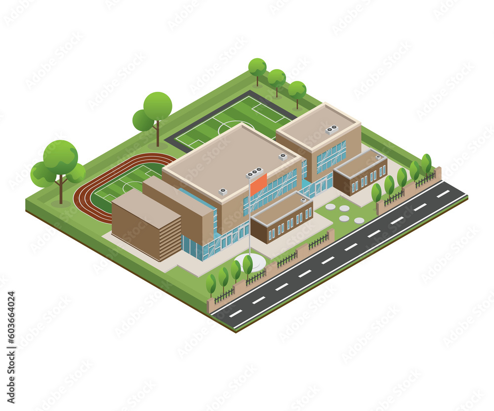 3D modern school or university. Isometric modern office building and architecture. 3D modern school or university. Isometric modern office building and architecture.