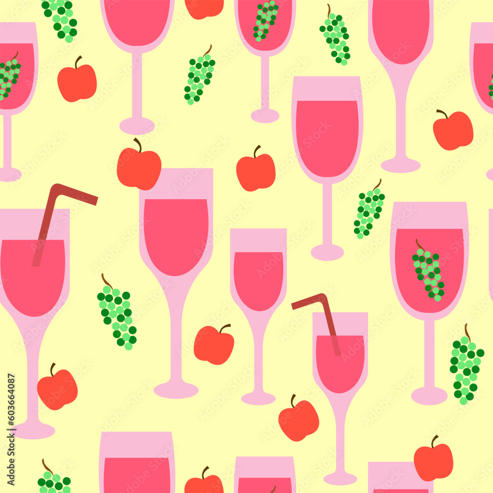 glasses with pink juice, straws, grapes and apple seamless vector pattern glasses with pink juice, straws, grapes and apple seamless vector pattern