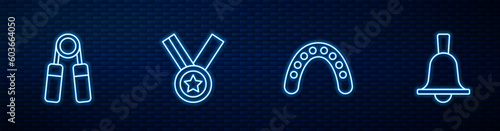 Set line Mouth guard boxer, Sport expander, Medal and Boxing bell. Glowing neon icon on brick wall. Vector