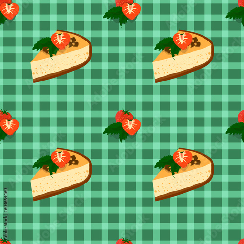 Cheesecake with strawberries, mint and chocolate on a checkered light green background