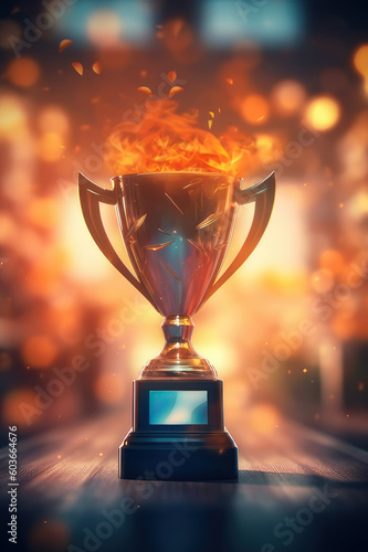 Winner trophy with burning fire. Vertical illustration. AI generative.