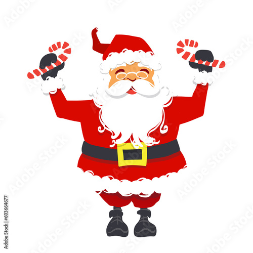 Happy Cheerful Cute Santa Claus holding candy canes in celebration of Christmas Season. Transparent Background. PNG File (ID: 603664677)